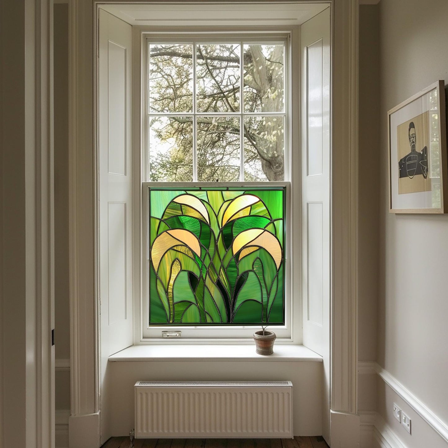 Green Art Deco Window Film, Privacy Window Film, Decorative Window Film, Patterned Window Film, Coloured Window Film, Stained Glass Creative Windows