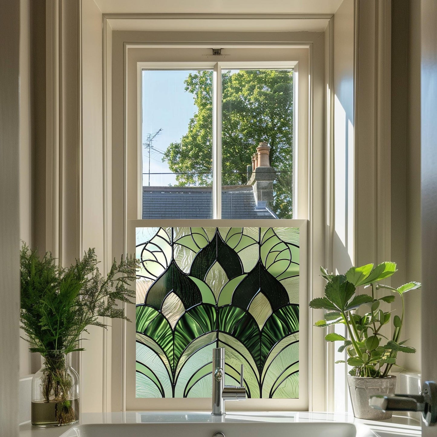 Green Art Deco Window Film, Privacy Window Film, Decorative Window Film, Patterned Window Film, Bathroom Window Film, Stained Glass Creative Windows