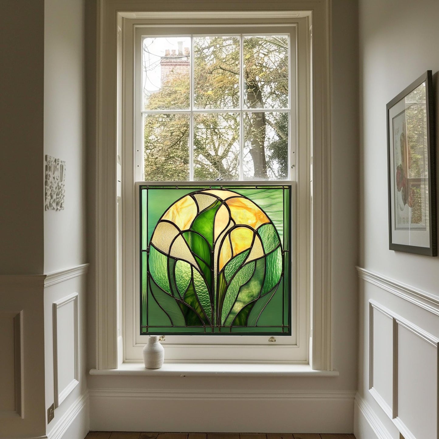 Green Art Deco Window Film, Privacy Window Film, Decorative Window Film, Patterned Window Film, Coloured Window Film, Stained Glass Creative Windows
