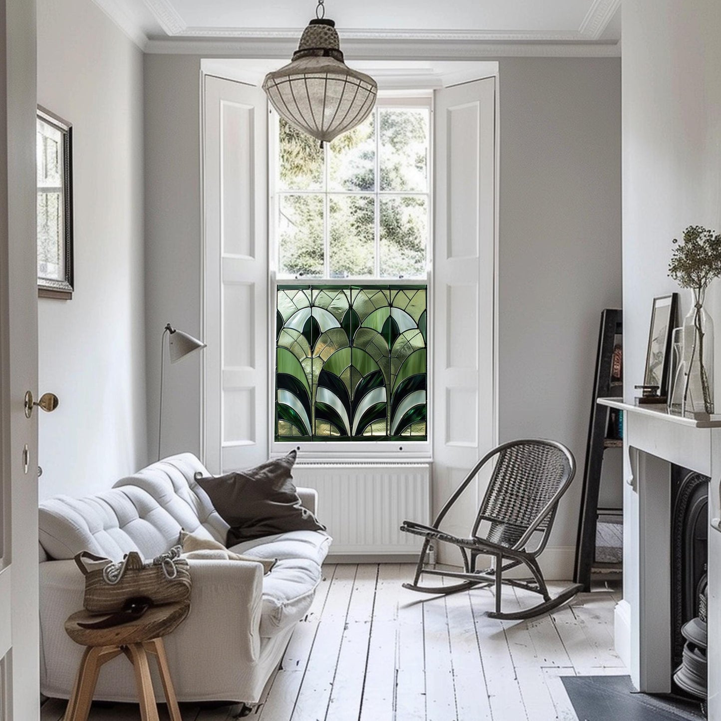 Green Art Deco Window Film, Privacy Window Film, Decorative Stained Glass Window Film, Bathroom Window Film, Stained Glass Window Film Creative Windows