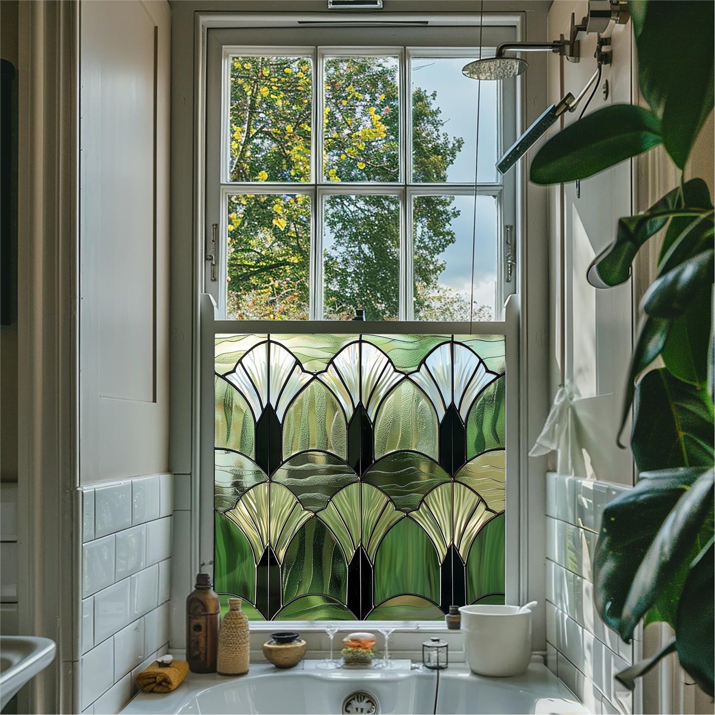 Green Window Film, Privacy Window Film, Art Deco Window Film, Decorative Window Film, Front Door Window Film, Stained Glass Window Film Creative Windows