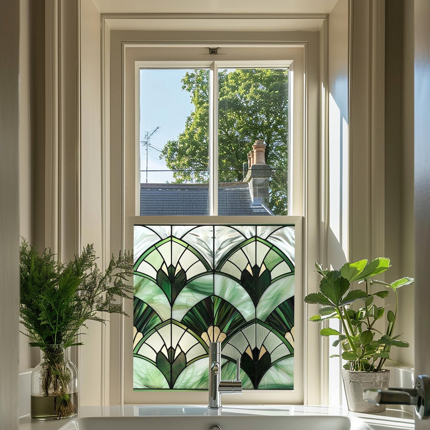 Green Art Deco Window Film, Privacy Window Film, Decorative Window Film, Patterned Window Film, Coloured Window Film, Stained Glass Creative Windows