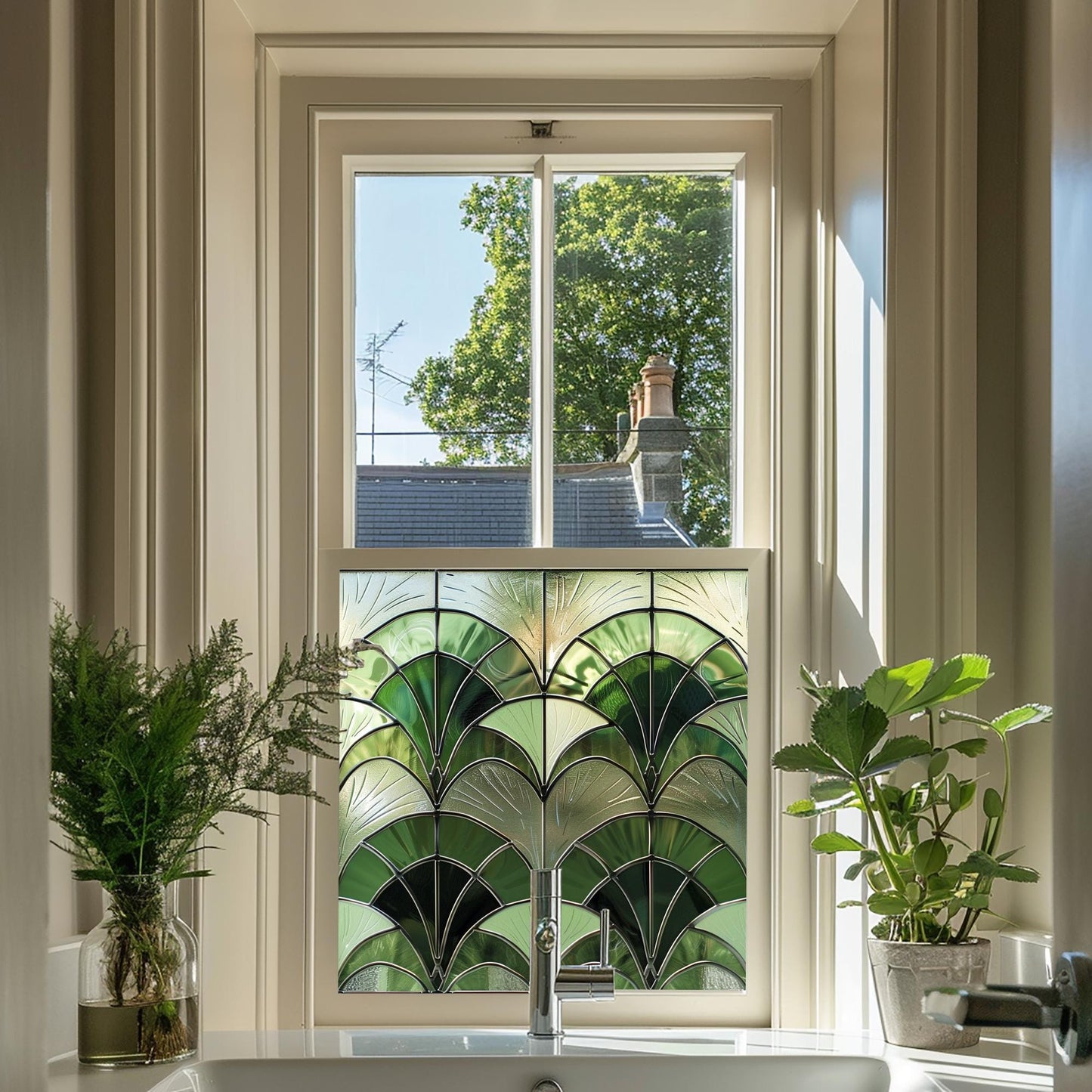 Green Art Deco Window Film, Decorative Window Film, Window, Front Door Window Film, Stained Glass Window Film, Privacy Window Film Creative Windows