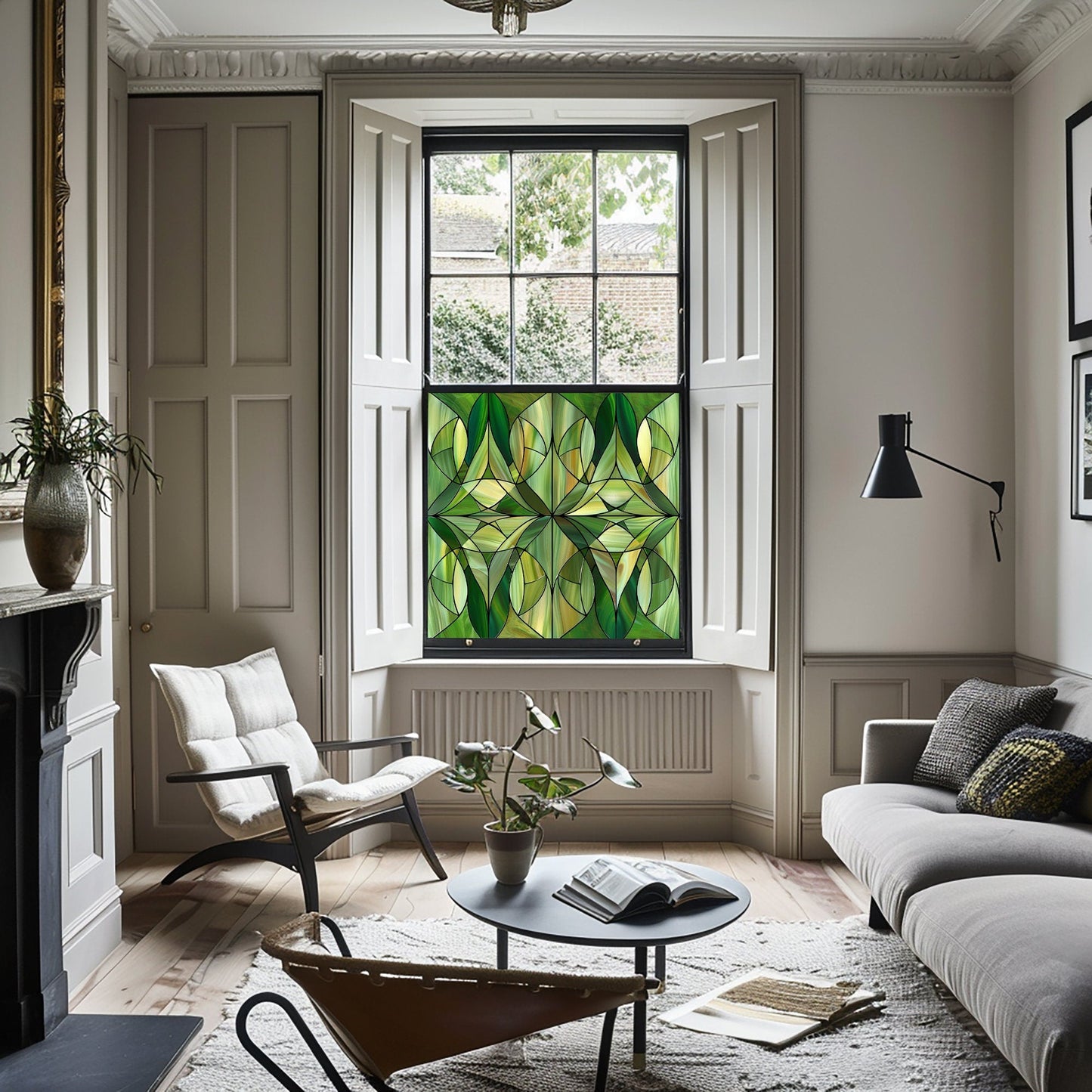 Green Art Deco Window Film, Privacy Window Film, Decorative Window Film, Window Film, Bathroom Window Film, Green Stained Glass Window Film Creative Windows