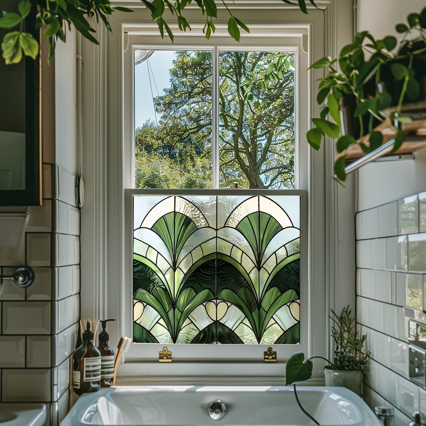 Green Art Deco Window Film, Privacy Window Film, Window Film, Decorative Window Film, Bathroom Window Film, Green Stained Glass Widow Film Creative Windows