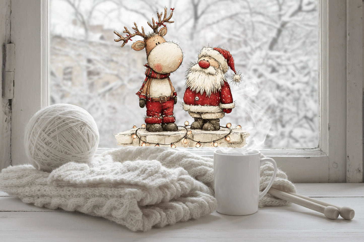 Santa and Reindeer Christmas Window Cling – Festive Christmas Decoration with Fairy Lights