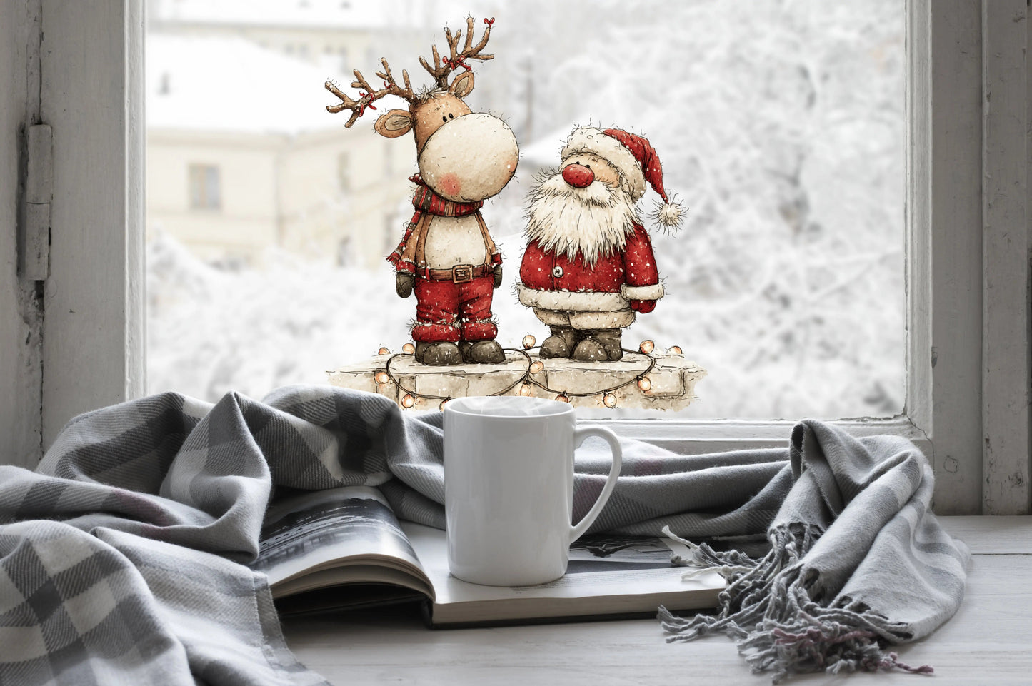 Santa and Reindeer Christmas Window Cling – Festive Christmas Decoration with Fairy Lights