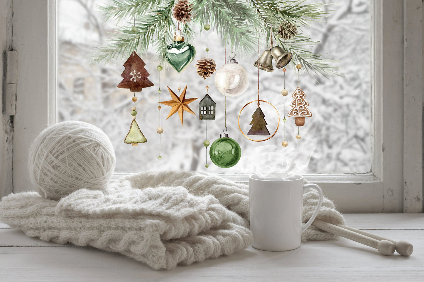 Rustic Christmas Window Sticker – Hanging Ornaments & Pine Garland Design Creative Windows