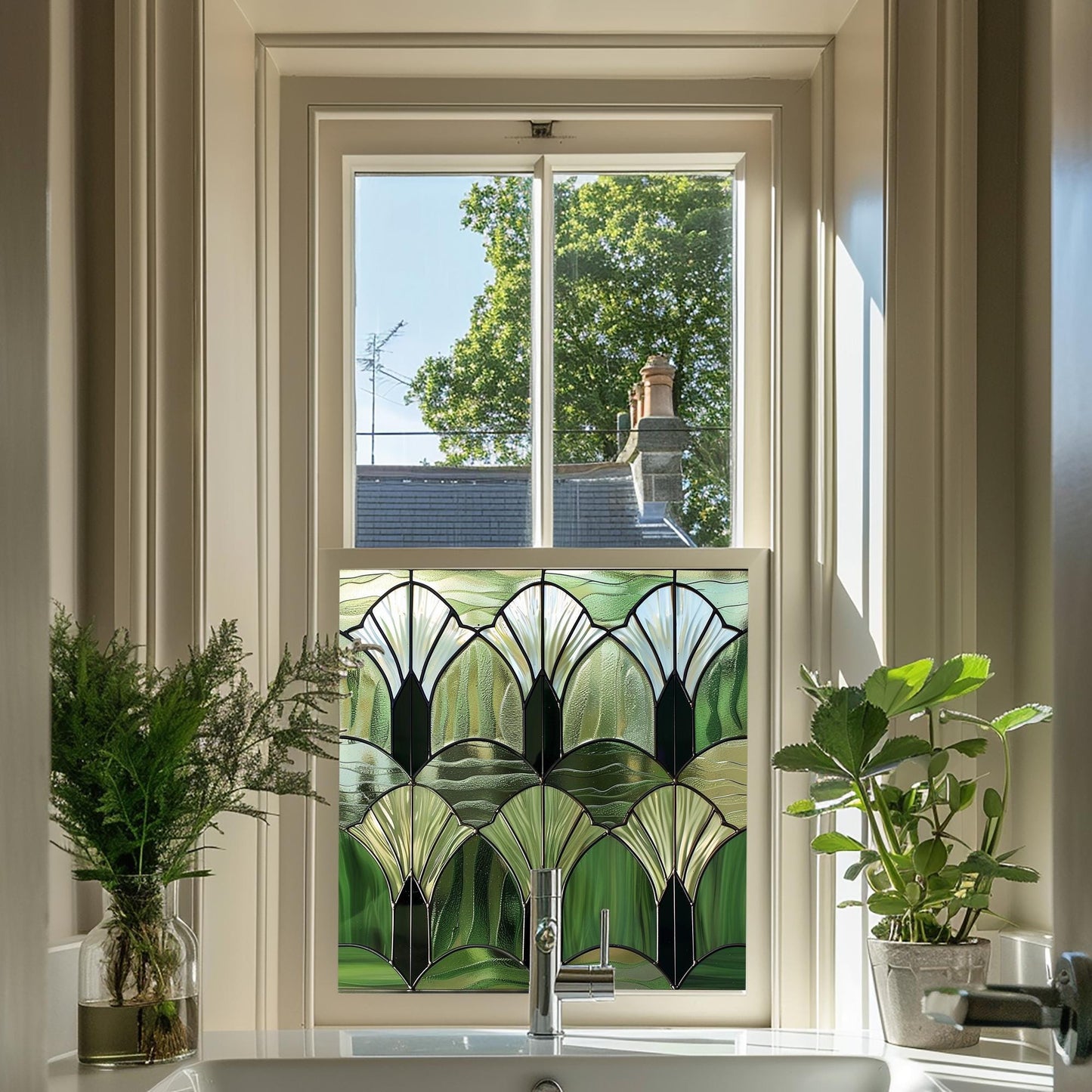 Green Window Film, Privacy Window Film, Art Deco Window Film, Decorative Window Film, Front Door Window Film, Stained Glass Window Film Creative Windows