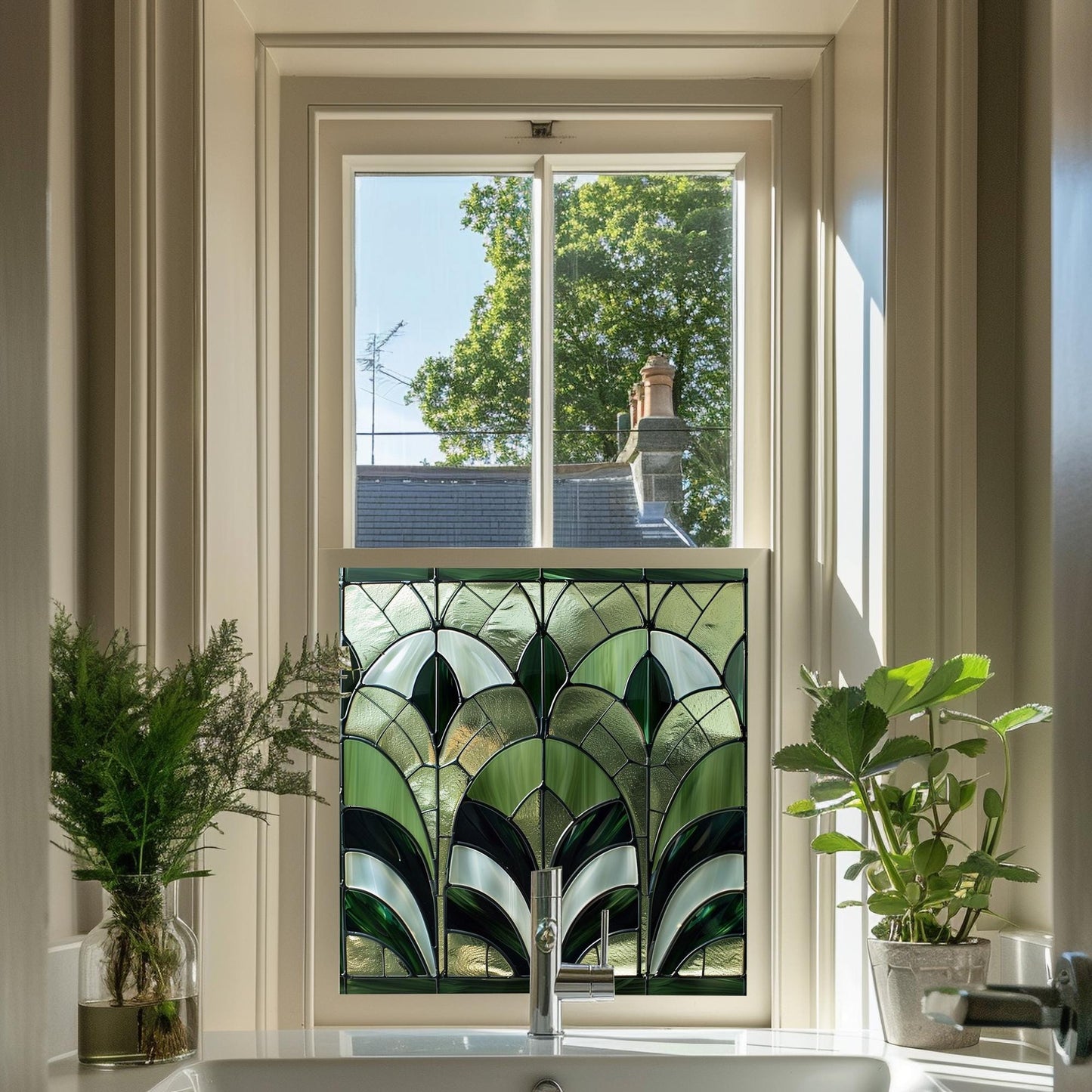 Green Art Deco Window Film, Privacy Window Film, Decorative Stained Glass Window Film, Bathroom Window Film, Stained Glass Window Film Creative Windows