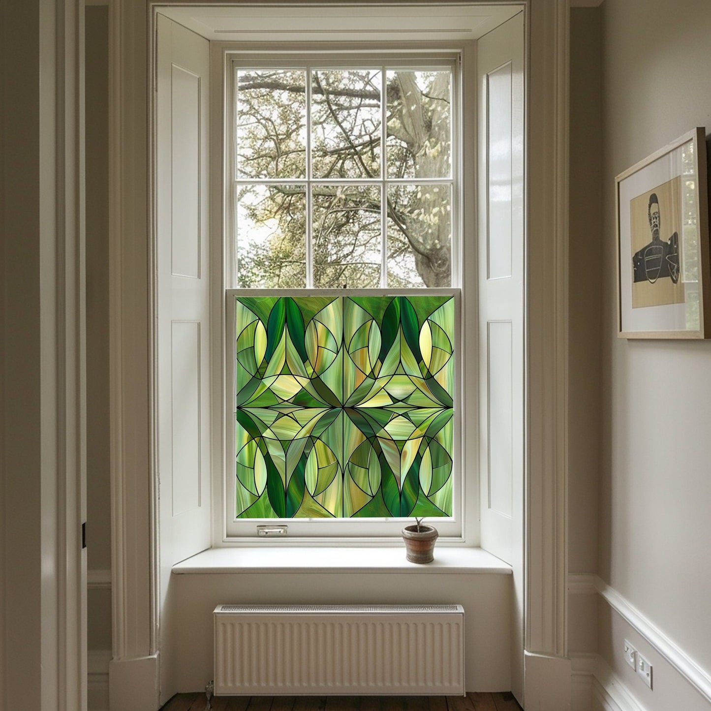 Green Art Deco Window Film, Privacy Window Film, Decorative Window Film, Window Film, Bathroom Window Film, Green Stained Glass Window Film Creative Windows