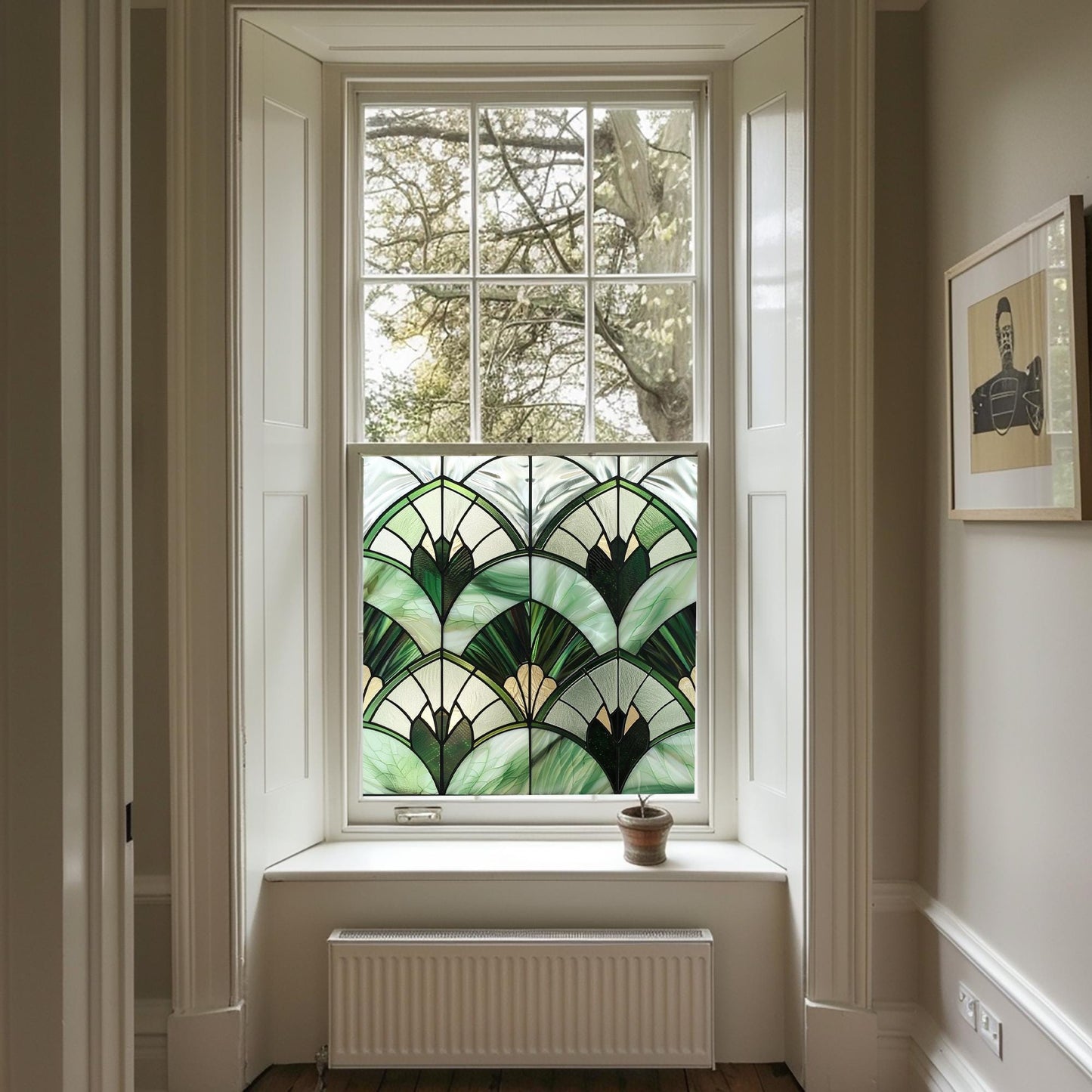 Green Art Deco Window Film, Privacy Window Film, Decorative Window Film, Patterned Window Film, Coloured Window Film, Stained Glass Creative Windows
