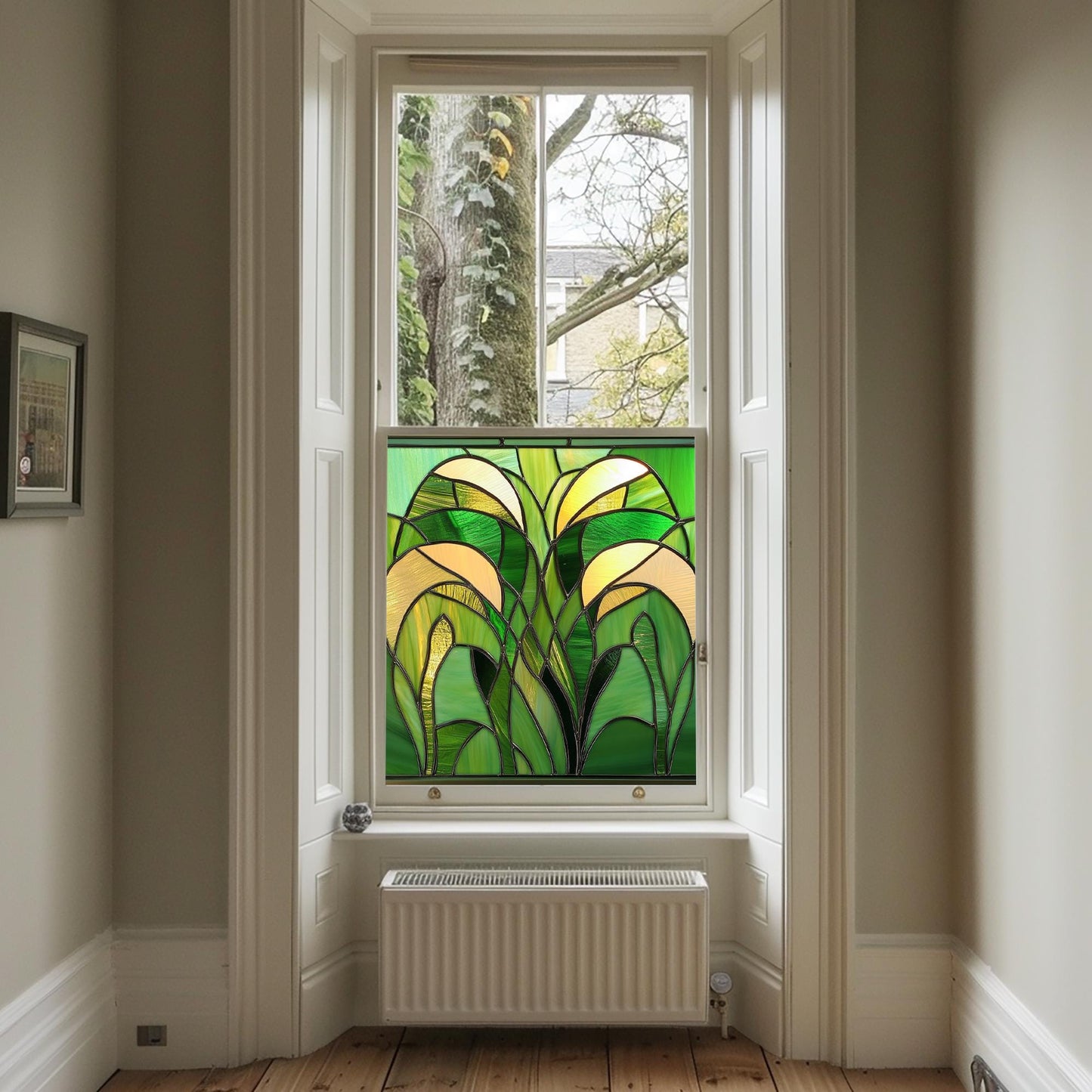 Green Art Deco Window Film, Privacy Window Film, Decorative Window Film, Patterned Window Film, Coloured Window Film, Stained Glass Creative Windows