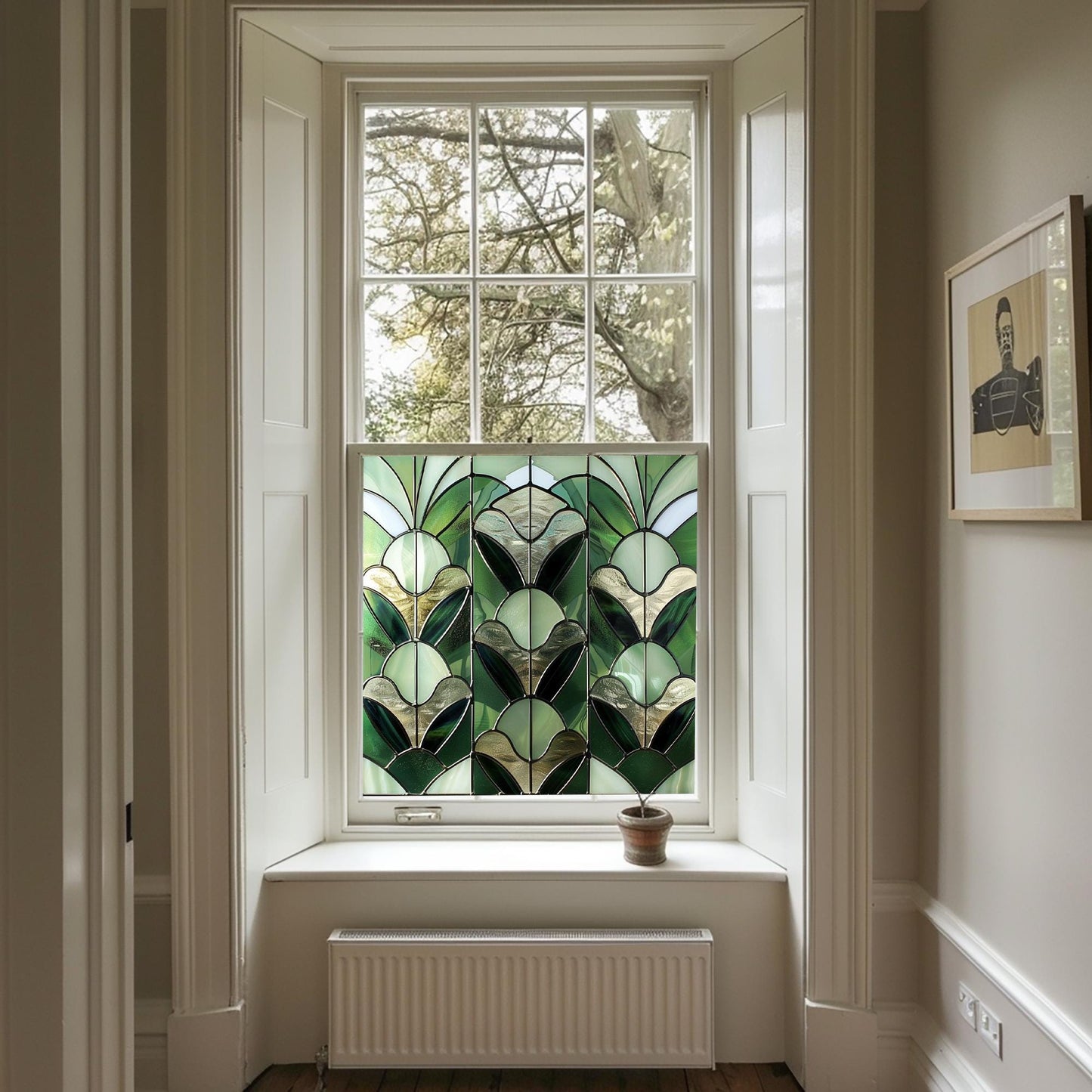 Green Art Deco Window Film, Privacy Window Film, Kitchen Window Film, Window Film, Bathroom Window Film, Green Stained Glass Window Film Creative Windows