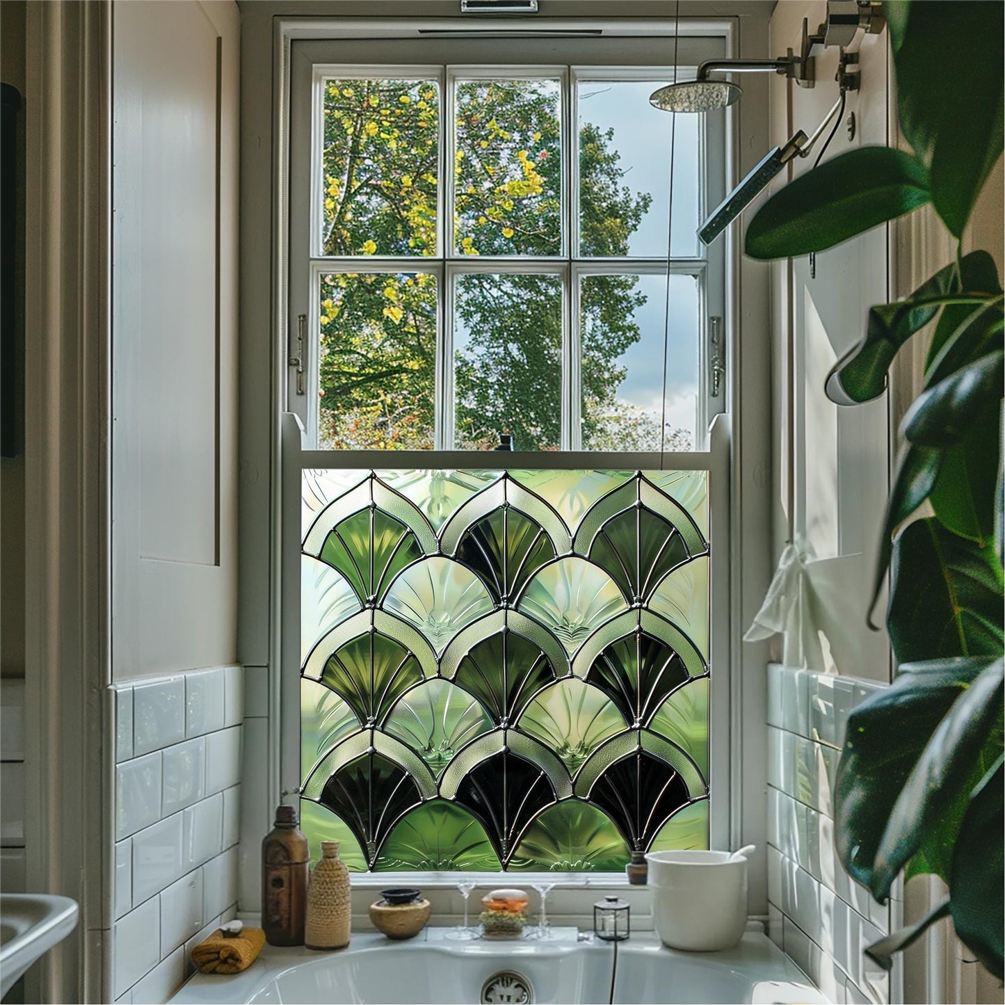 Green Art Deco Window Film, Decorative Window Film, Window, Front Door Window Film, Stained Glass Window Film, Privacy Window Film, Creative Windows