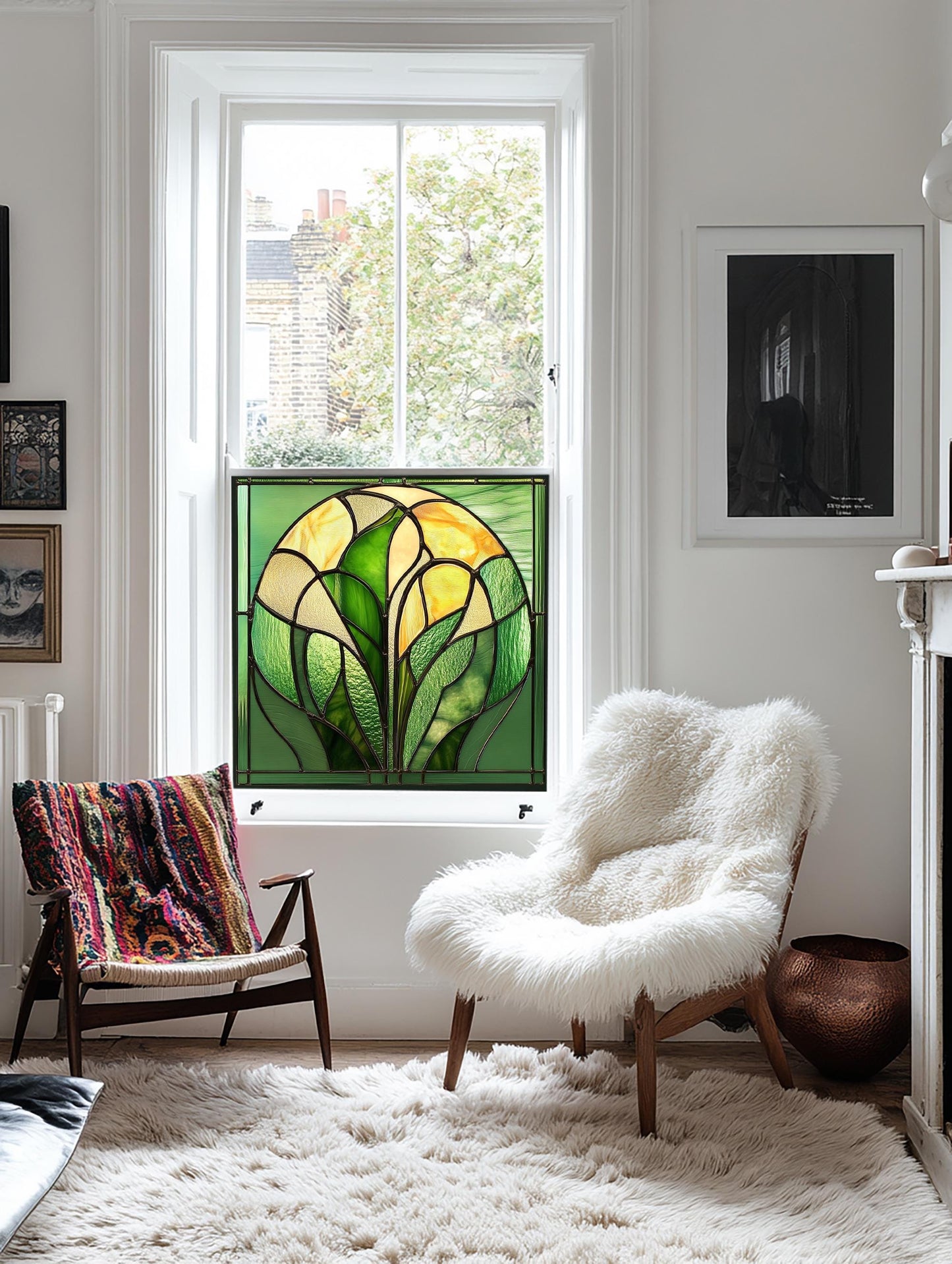 Green Art Deco Window Film, Privacy Window Film, Decorative Window Film, Patterned Window Film, Coloured Window Film, Stained Glass Creative Windows