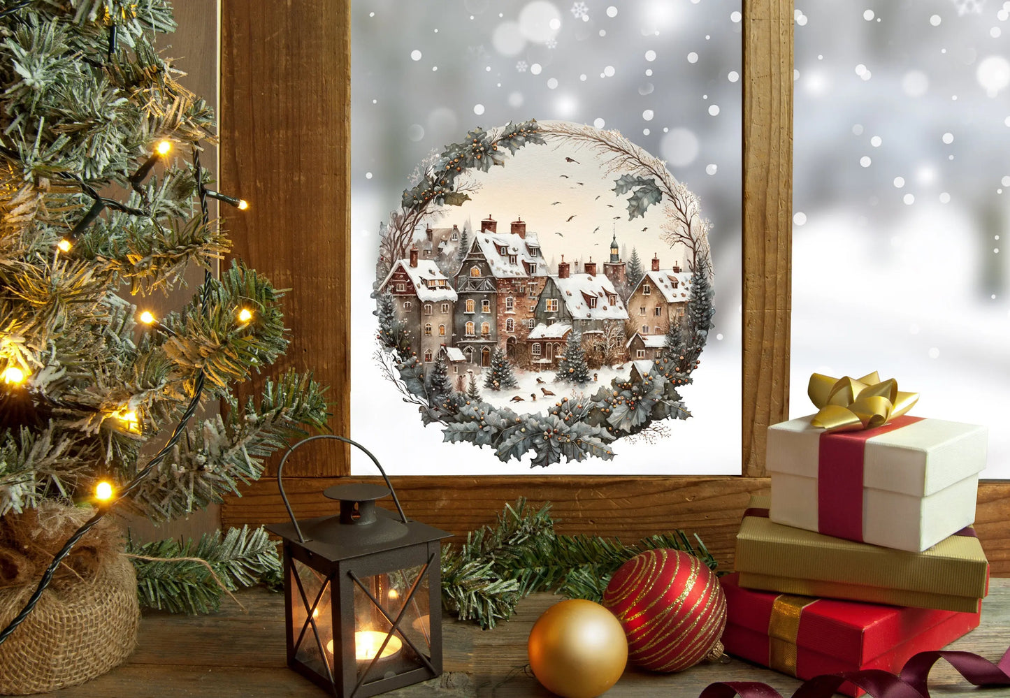 Vintage Village Christmas Window Sticker, Christmas Window Sticker, Double-Sided Reusable Christmas Window Sticker, Christmas Window Decal, Creative Windows