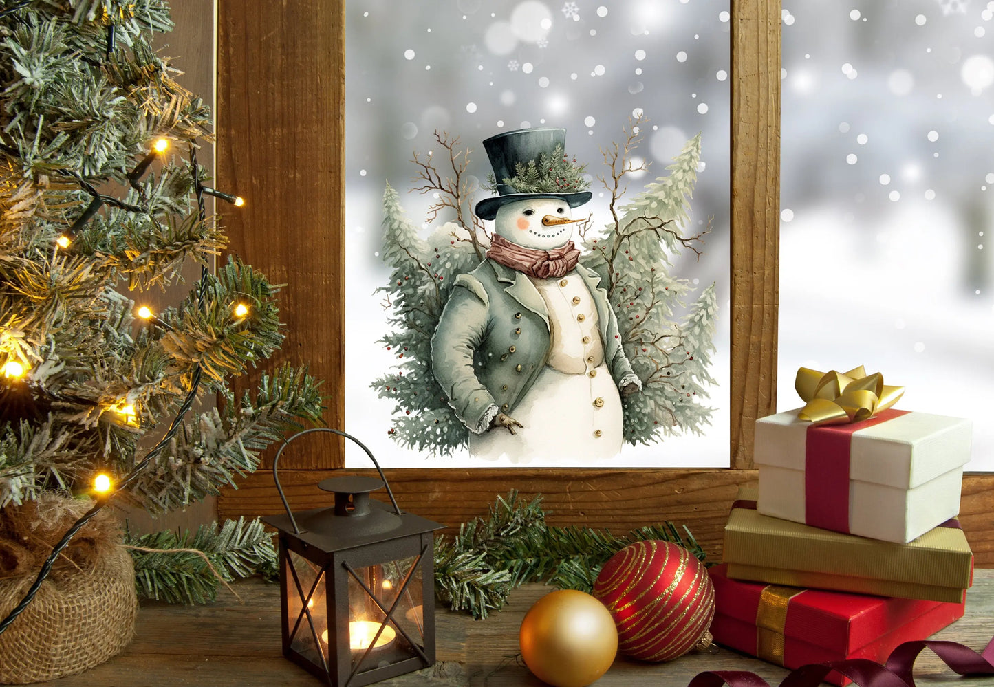 Vintage Snowman Christmas Window Sticker, Christmas Window Sticker, Double-Sided Reusable Christmas Window Sticker! Christmas Window Decal, Creative Windows