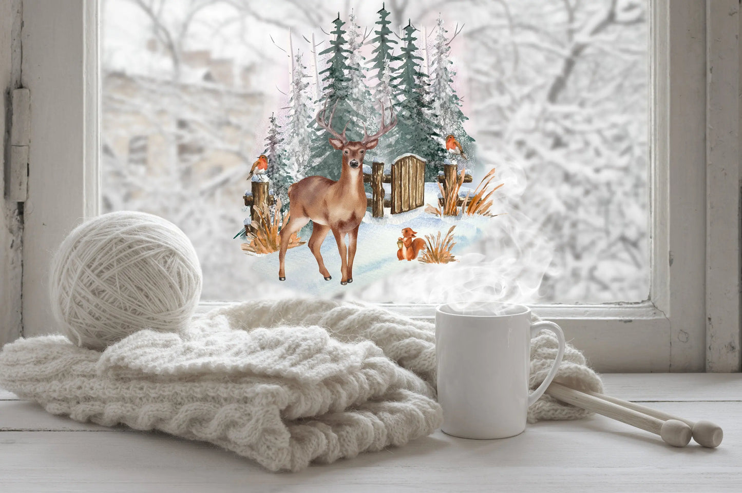 Christmas Window Sticker, Woodland Deer Window Sticker, Double-Sided Reusable Christmas scene Window Stickers, Christmas Window Decal, Creative Windows