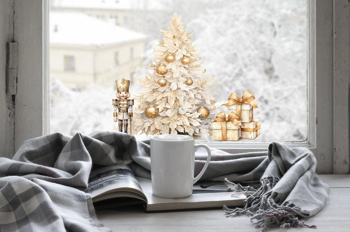 Christmas Window Sticker, Gold Christmas Tree Window Sticker, Double-Sided Reusable Christmas scene Window Stickers, Christmas Window Decal, Creative Windows