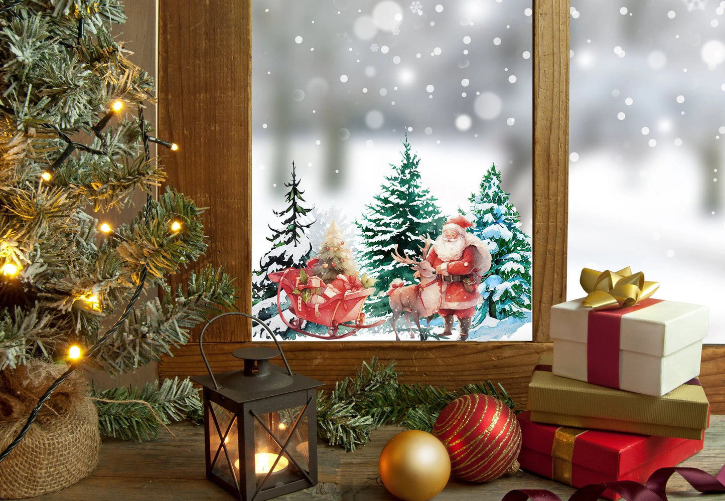 Christmas Window Sticker, Christmas Winter Scene Window Sticker, Double-Sided Reusable Christmas Window Sticker! Santa Claus Window Decal, Creative Windows