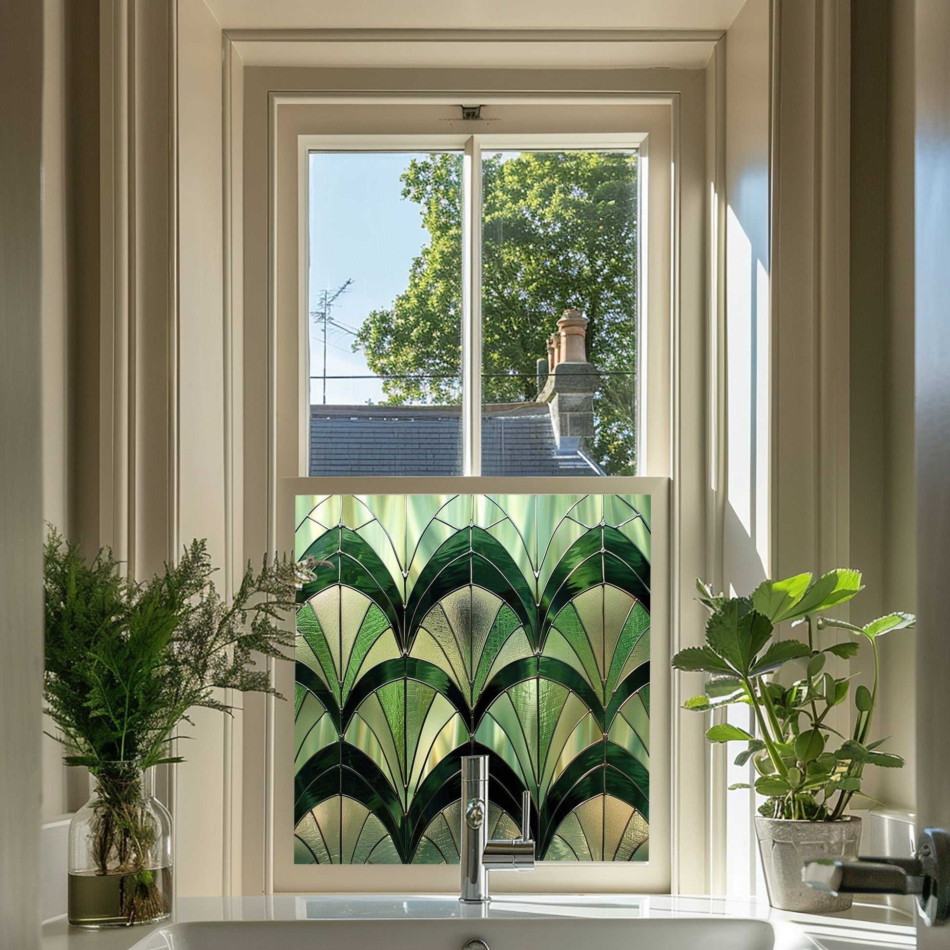 Green Art Deco Window Film, Window Film Privacy Decorative, Privacy Window Film, Window Film, Kitchen Window Film, Bathroom Window Film Creative Windows