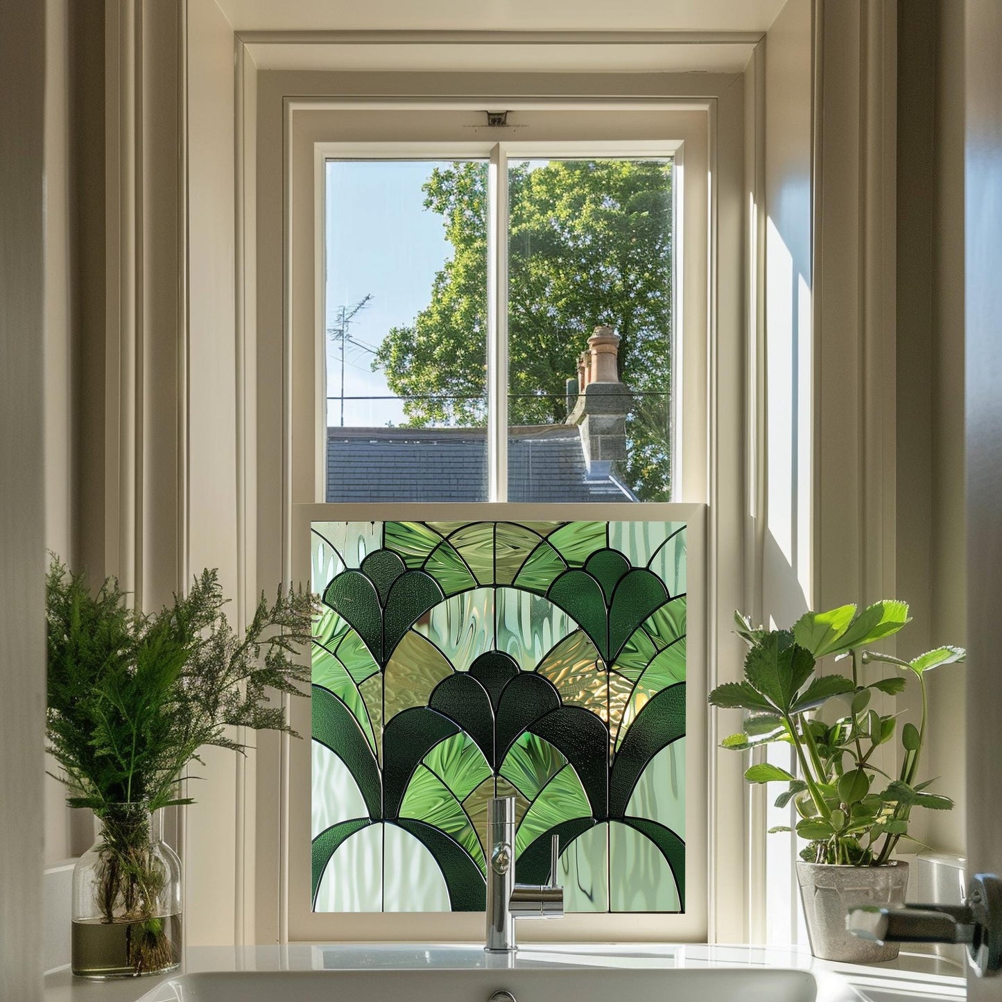 Art Deco Green Window Film, Privacy Window Film, Decorative Window Film, Patterned Window Film, Coloured Window Film, Stained Glass Creative Windows