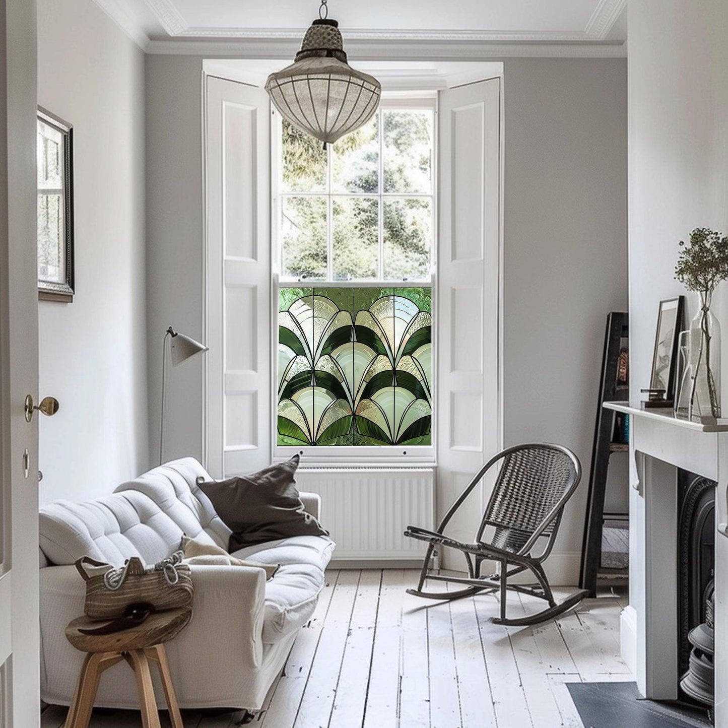 Green Art Deco Window Film, Privacy Window Film, Decorative Window Film, Patterned Window Film, Coloured Window Film, Stained Glass Creative Windows