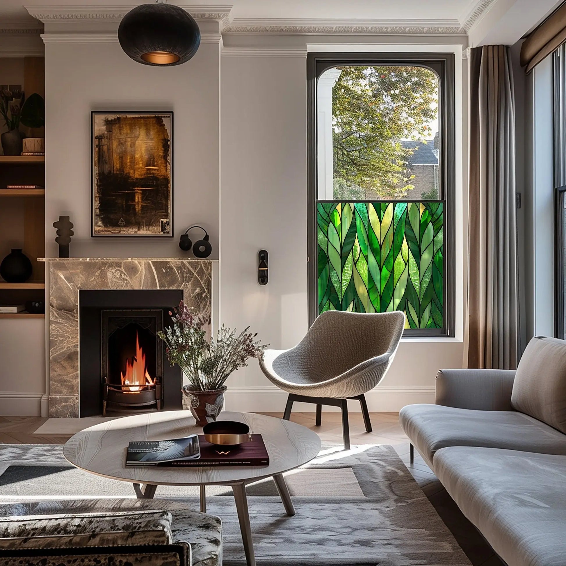 Green Art Deco Window Film - Arborio Stained Glass Privacy Window Film Creative Windows