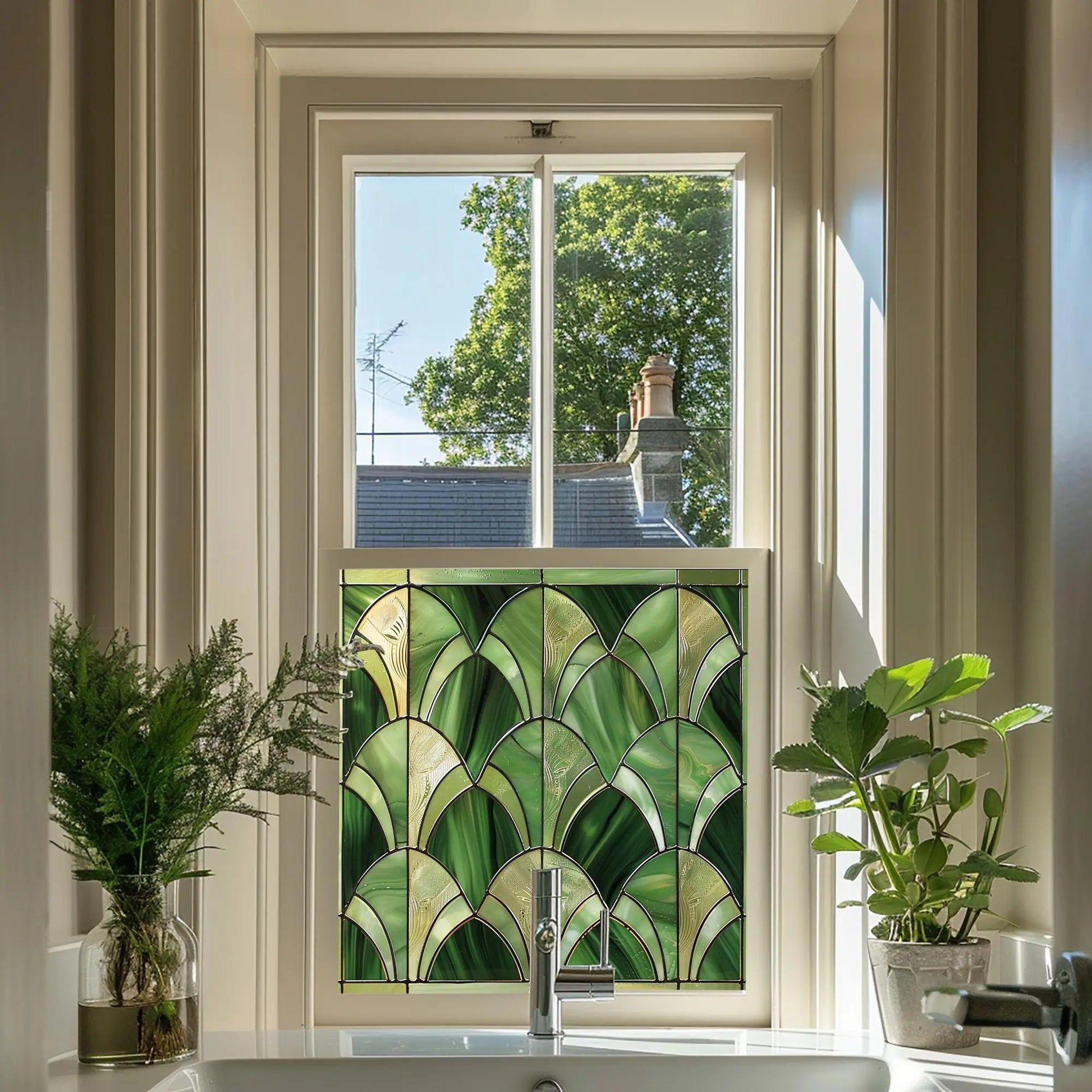 Green Art Deco Window Film - Apricena Stained Glass Privacy Creative Windows