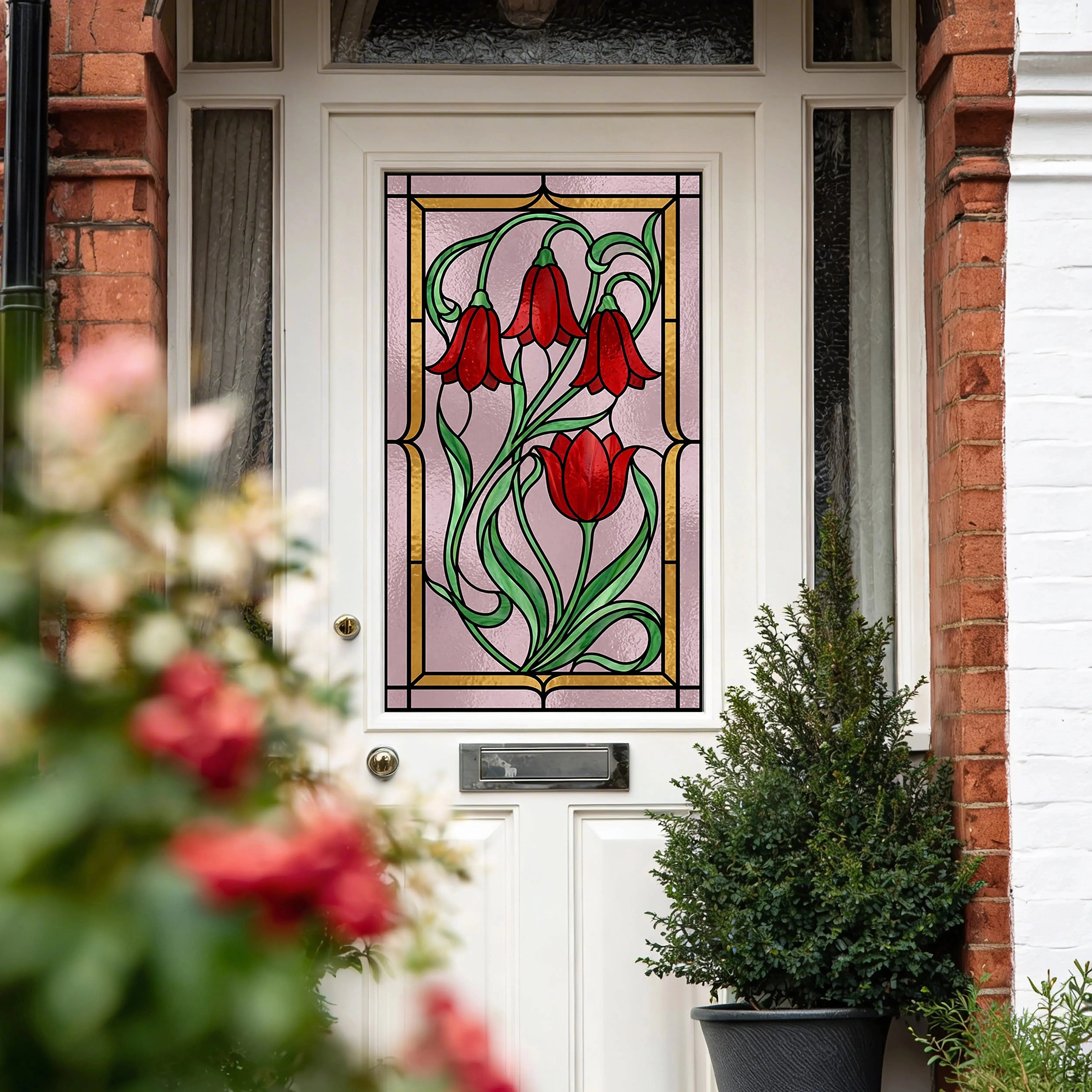 Privacy Window Film Art Nouveau Red Floral Stained Glass Creative Windows