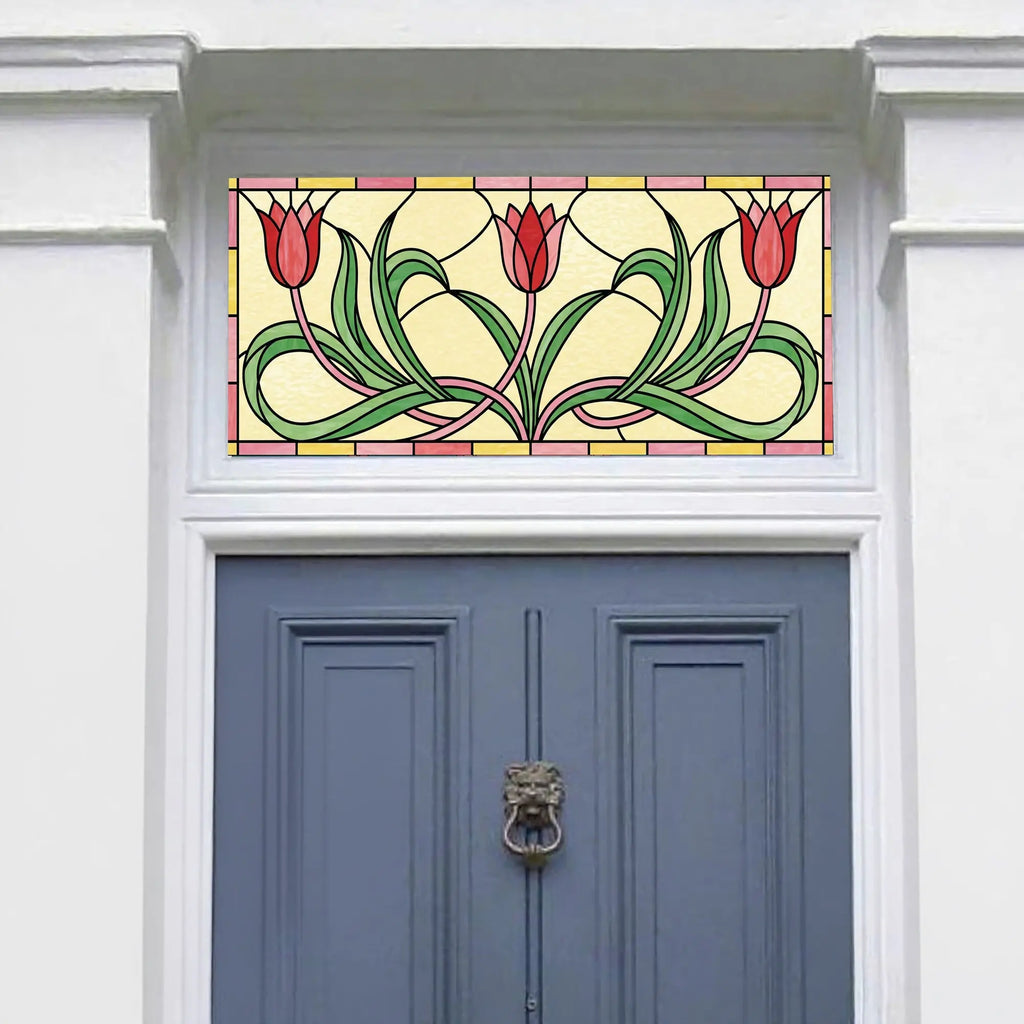 Pink Tulip Stained Glass Effect Window Film for Transom Windows