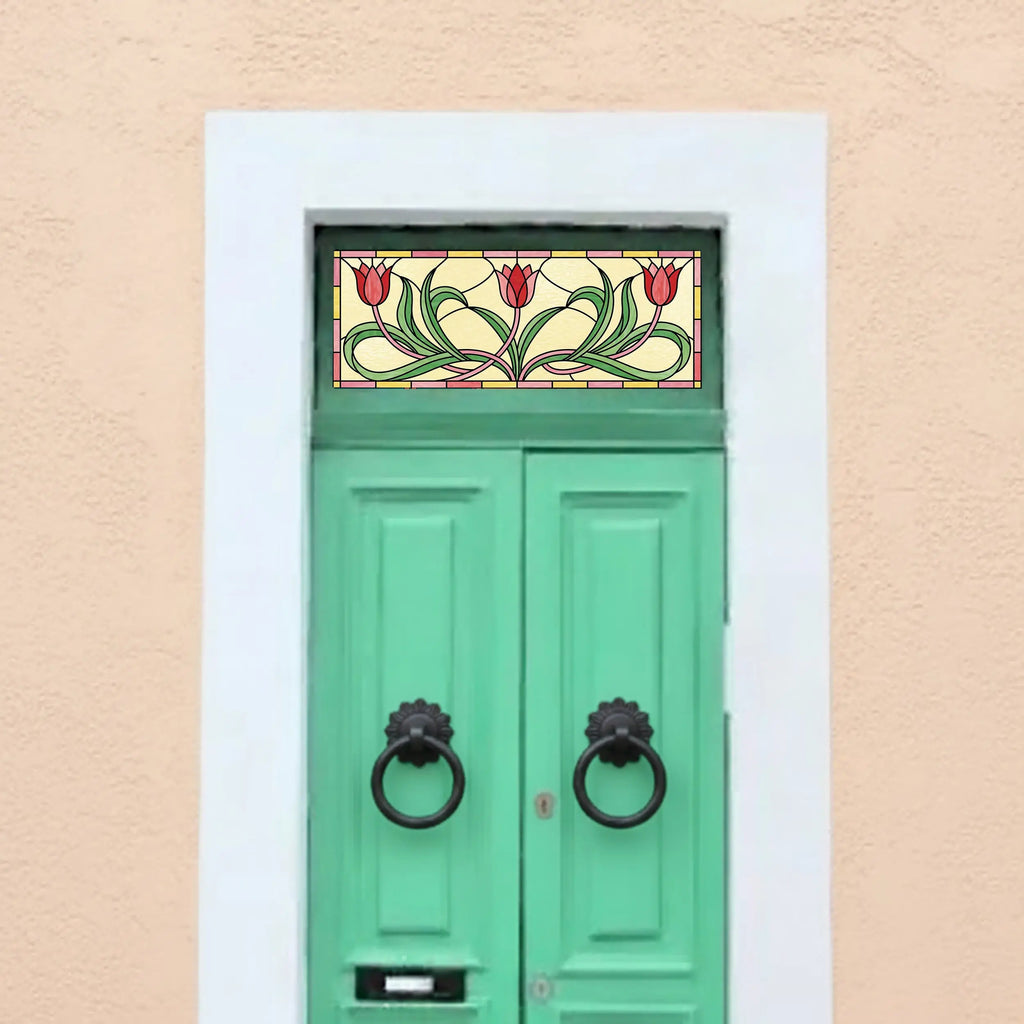 Pink Tulip Stained Glass Effect Window Film for Transom Windows