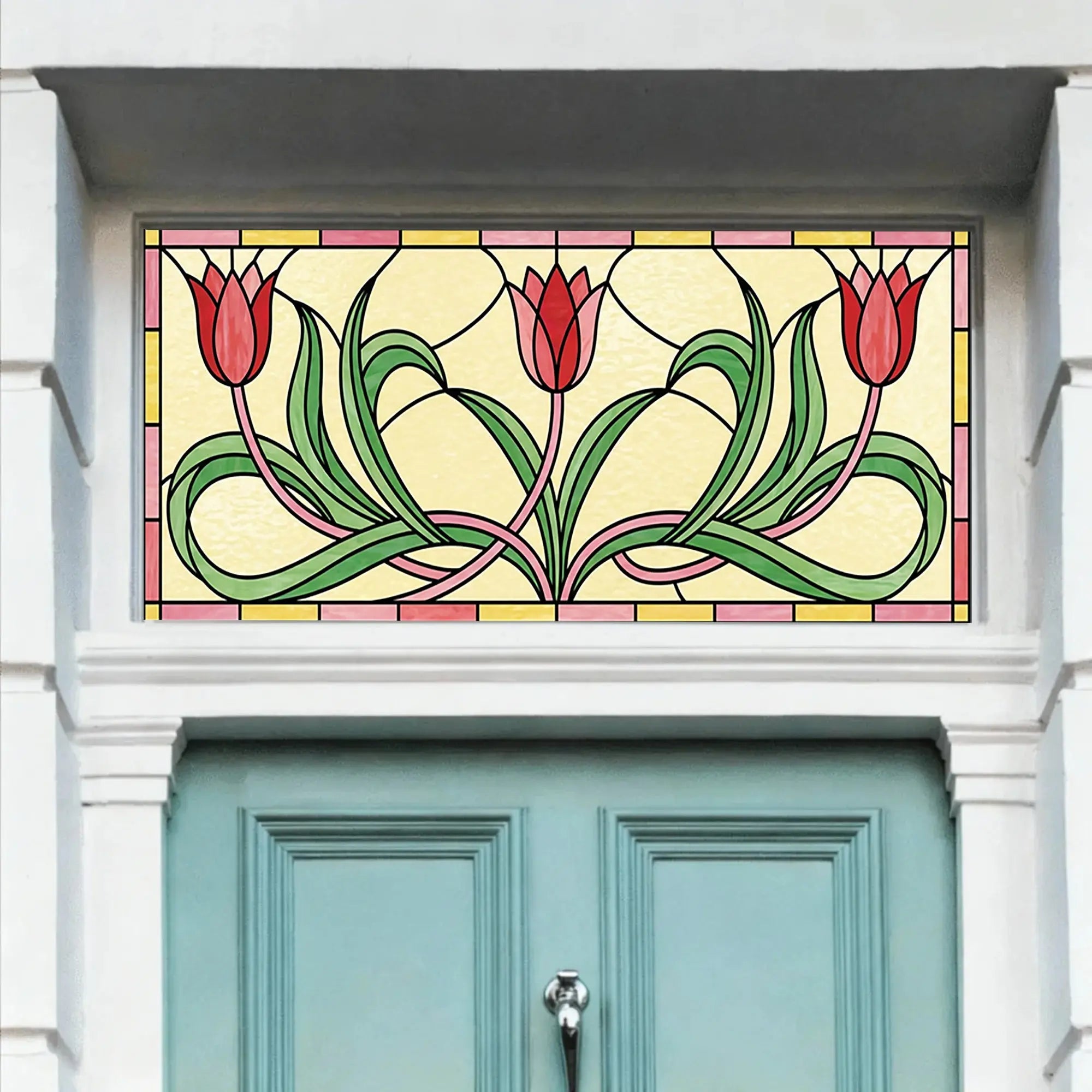 Pink Tulip Stained Glass Effect Window Film for Transom Windows