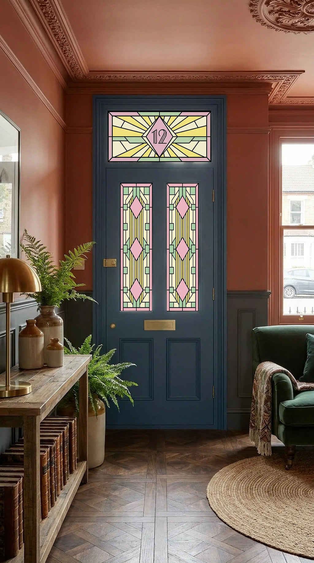 Art Deco Front Door Window Film Set | Stained Glass Privacy Film