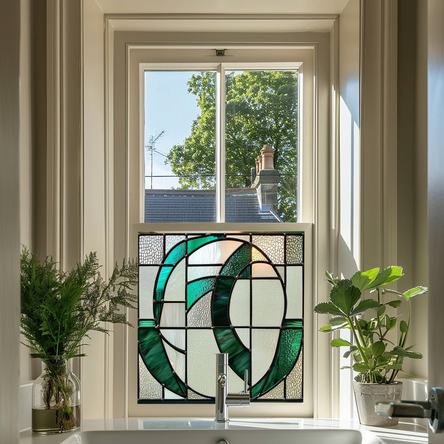 Green Art Deco Window Film, Privacy Window Film, Window Film, Kitchen Window Film, Bathroom Window Film, Green Stained Glass Window Film Creative Windows