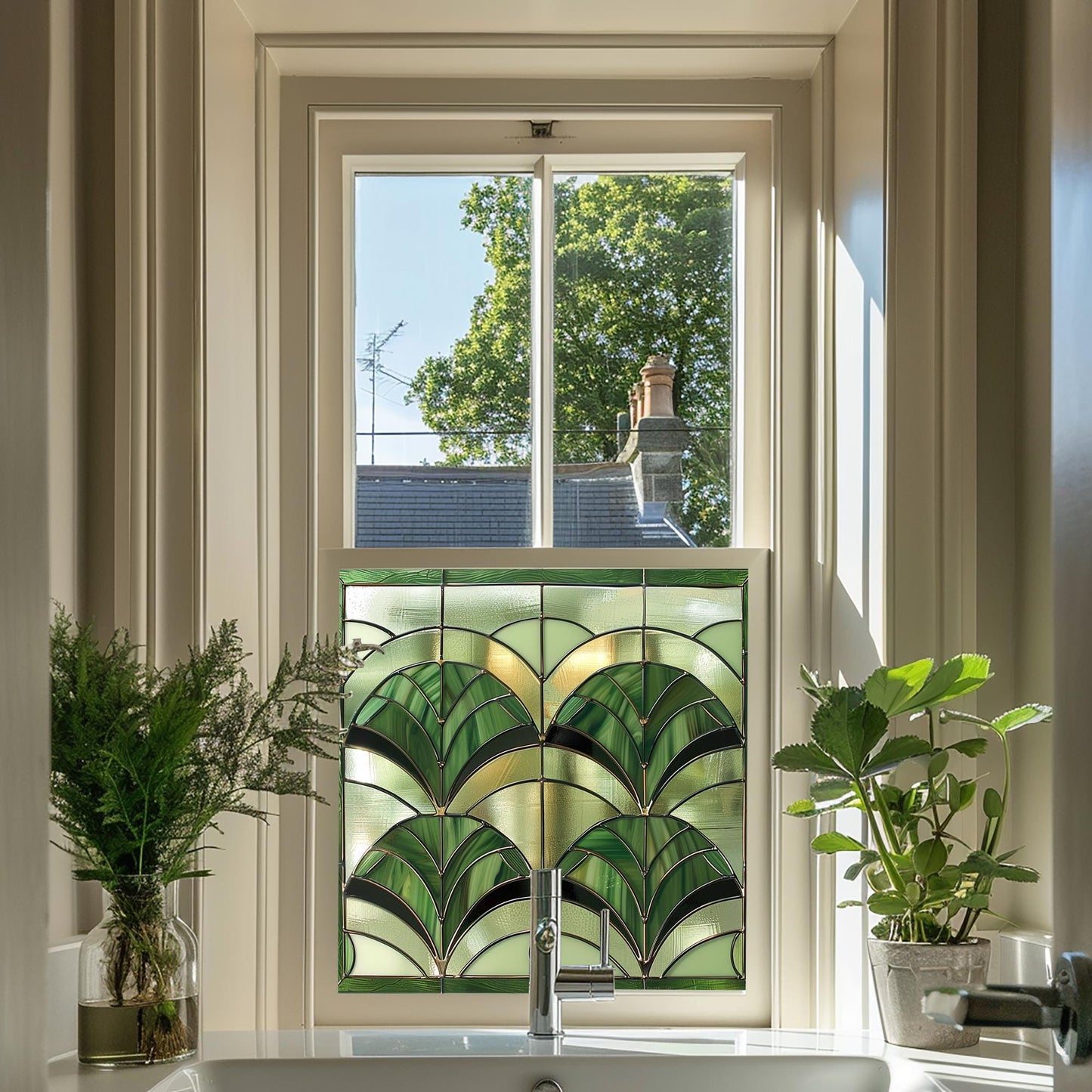 Green Art Deco Window Film, Kitchen Window Film, Window, Bathroom Window Film, Green Stained Glass Window Film, Privacy Window Film Creative Windows