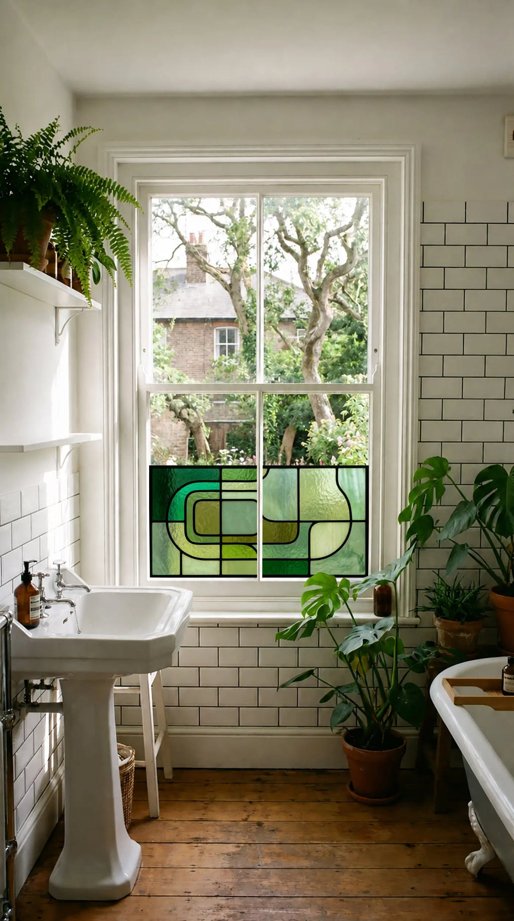 Modern Green Geometric Window Film | Mid-Century Privacy Window Film | Decorative Stained Glass Effect