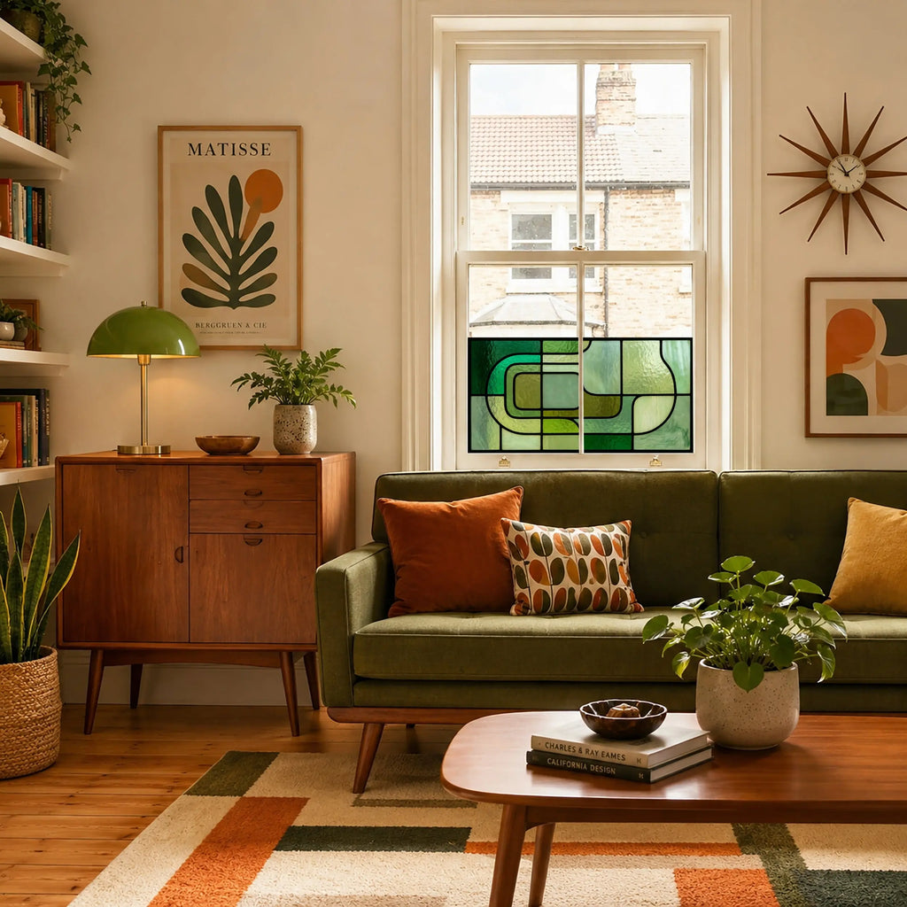 Modern Green Geometric Window Film | Mid-Century Privacy Window Film | Decorative Stained Glass Effect