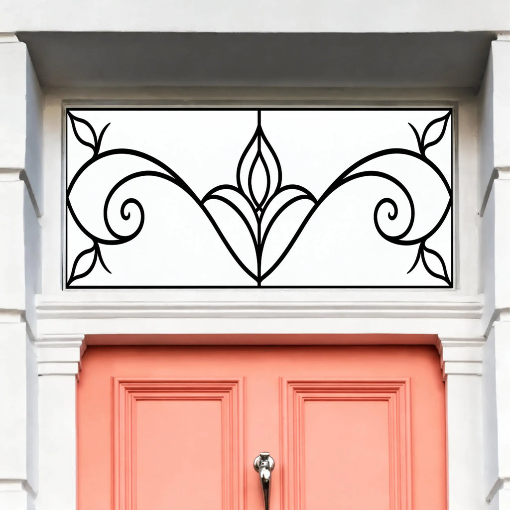 Frosted Privacy Window Film, Art Nouveau Scroll Transom & Fanlight
