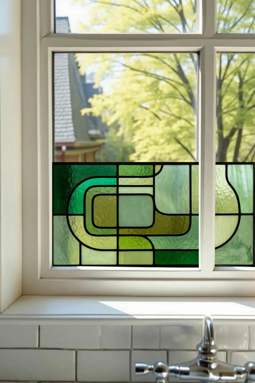 Modern Green Geometric Window Film | Mid-Century Privacy Window Film | Decorative Stained Glass Effect