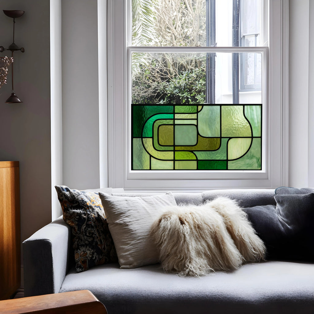Modern Green Geometric Window Film | Mid-Century Privacy Window Film | Decorative Stained Glass Effect