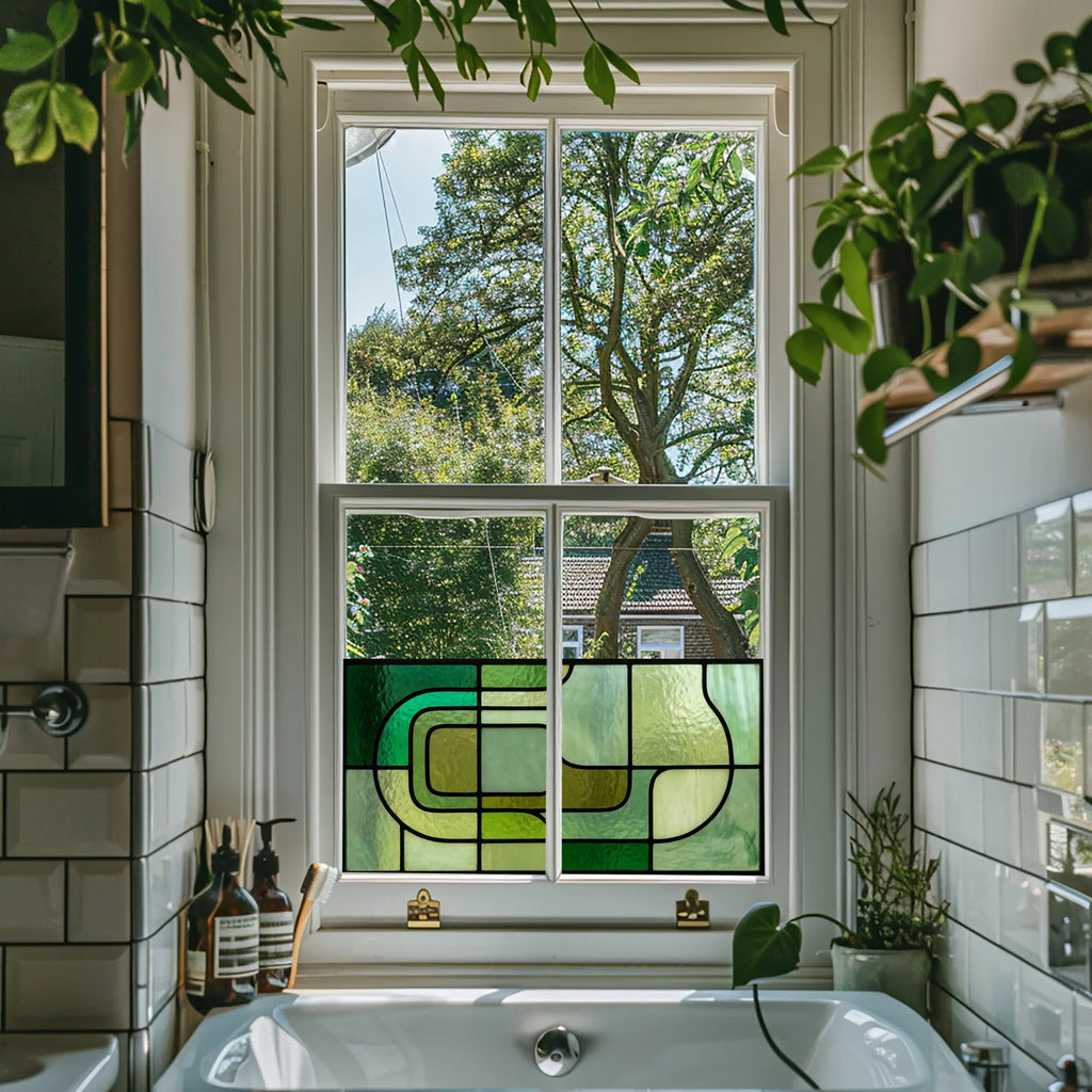 Modern Green Geometric Window Film | Mid-Century Privacy Window Film | Decorative Stained Glass Effect