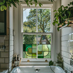 Modern Green Geometric Window Film | Mid-Century Privacy Window Film | Decorative Stained Glass Effect