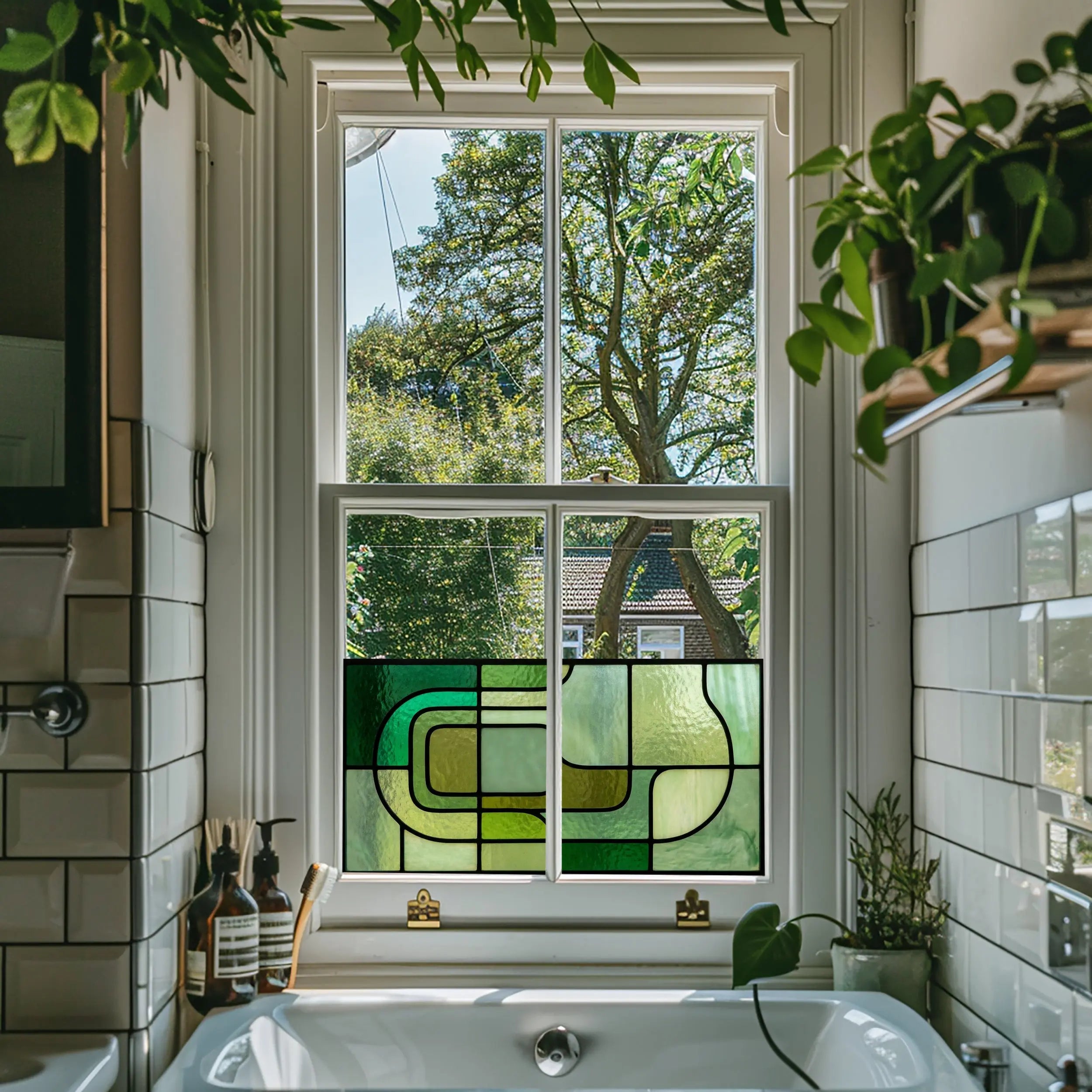 Modern Green Geometric Window Film | Mid-Century Privacy Window Film | Decorative Stained Glass Effect