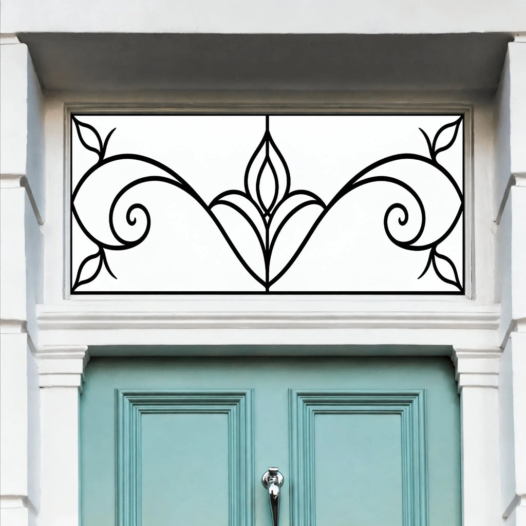Frosted Privacy Window Film, Art Nouveau Scroll Transom & Fanlight