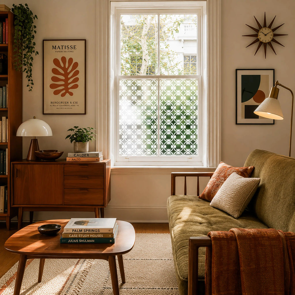 Patterned frosted privacy window film allowing natural light