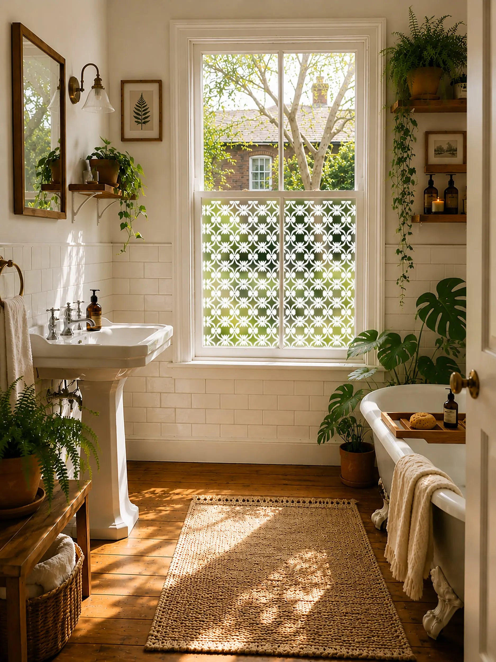 Decorative geometric privacy window film for bathroom windows