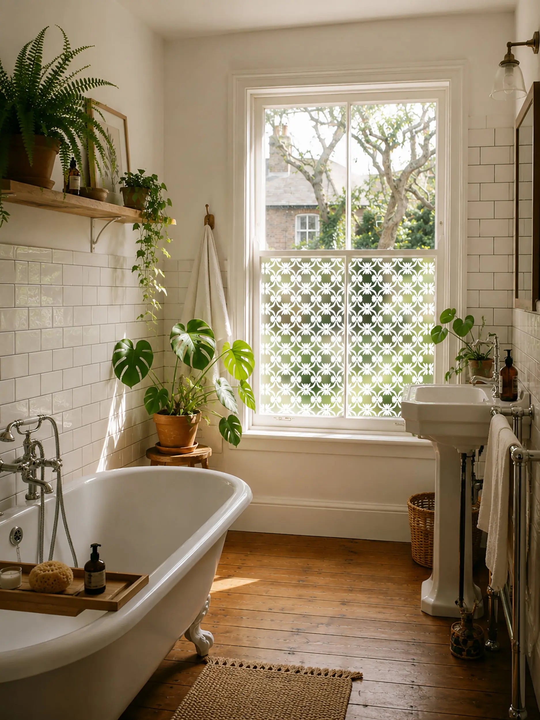 Decorative geometric privacy window film for bathroom windows
