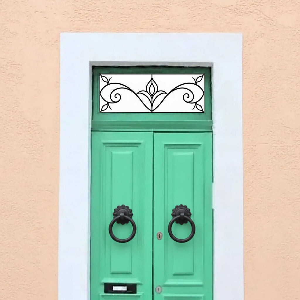 Frosted Privacy Window Film, Art Nouveau Scroll Transom & Fanlight